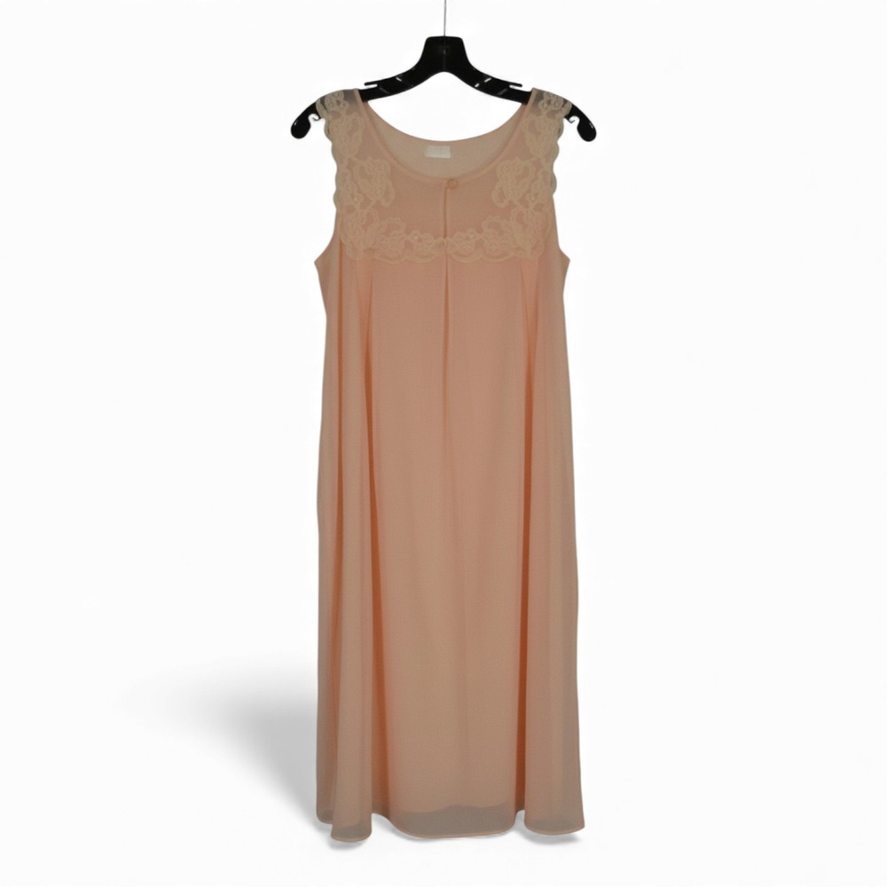 VTG GAYMODE Layered NYLON Peach SLEEVELESS FLORAL LACE Lounge NIGHTGOWN Sz M